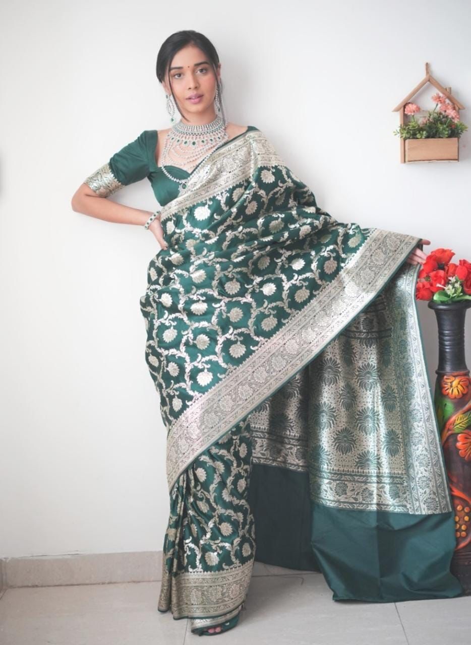 Green Colour 1-Min Jacquard Ready To Wear Saree With Blouse Piece