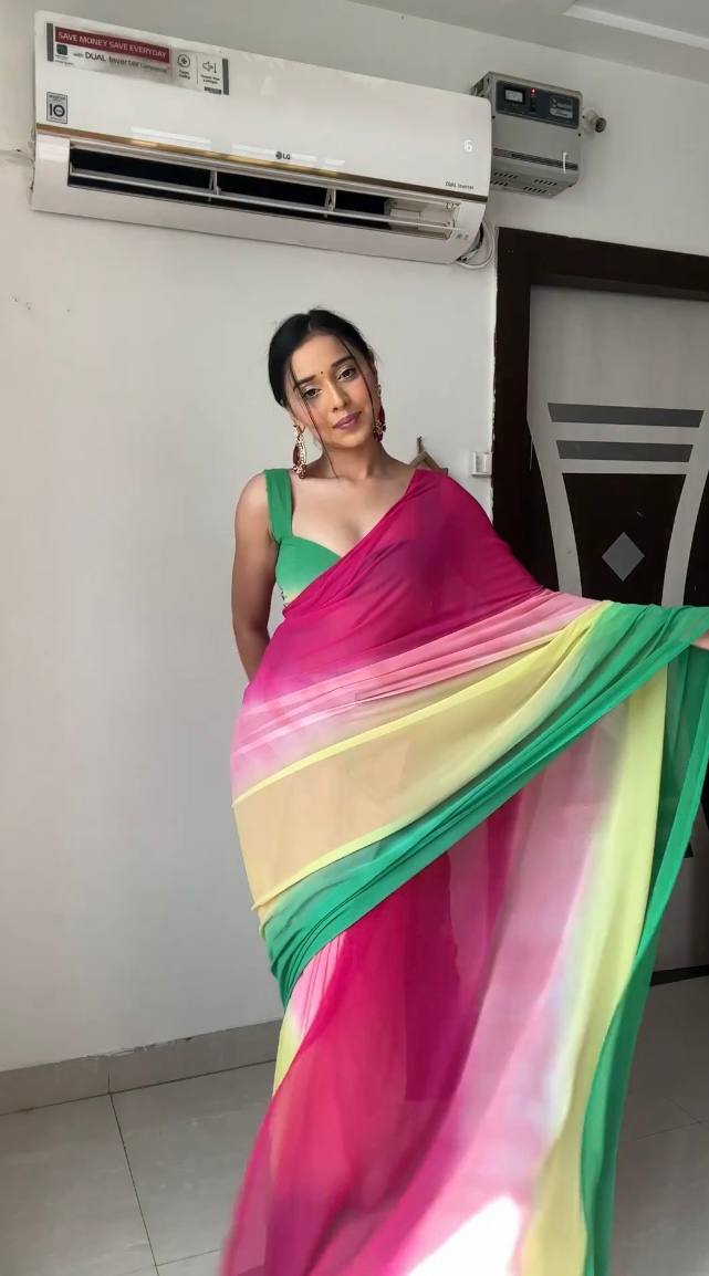 Pink and Green Colour 1-Min Georgette Ready To Wear Saree With Blouse Piece