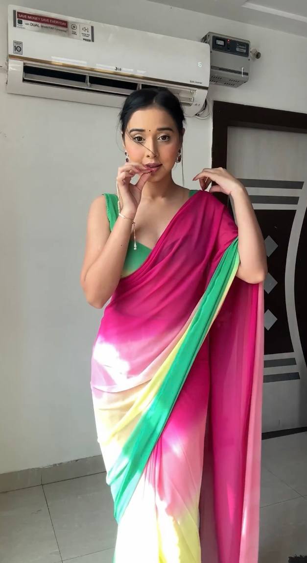 Pink and Green Colour 1-Min Georgette Ready To Wear Saree With Blouse Piece