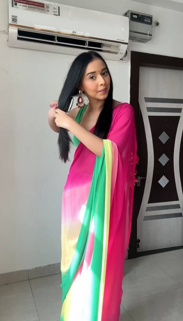 Pink and Green Colour 1-Min Georgette Ready To Wear Saree With Blouse Piece