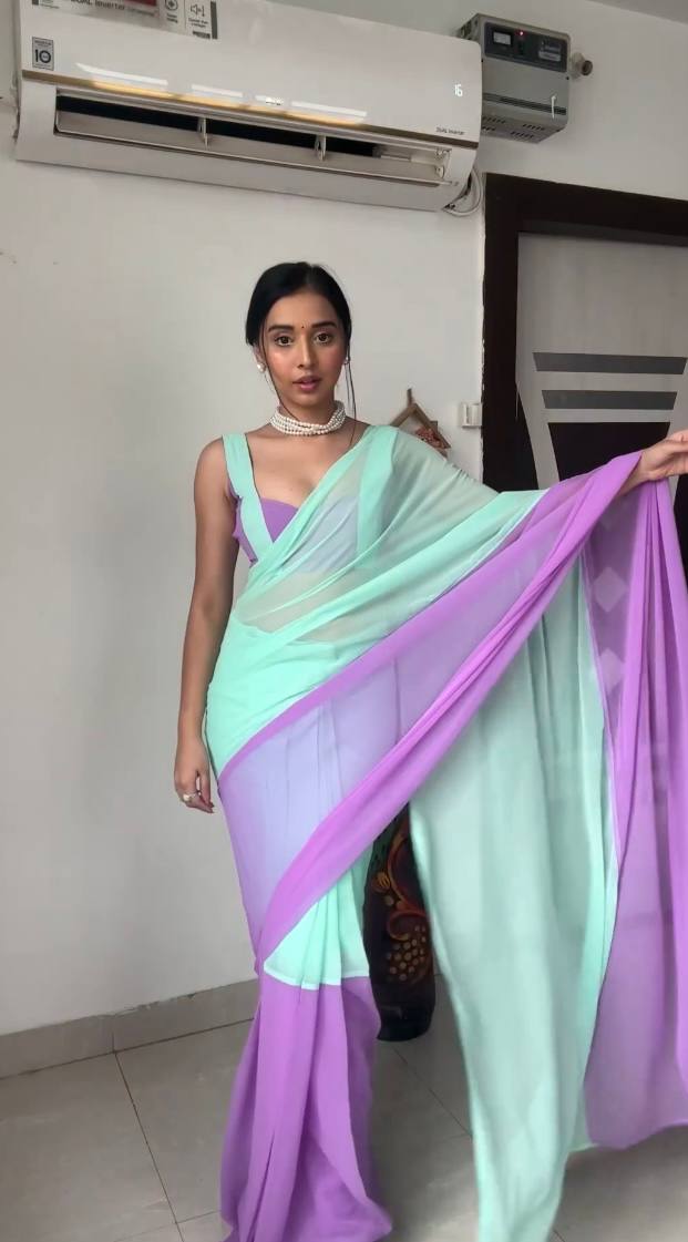 Sky Blue and Purple Colour 1-Min Georgette Ready To Wear Saree With Blouse Piece