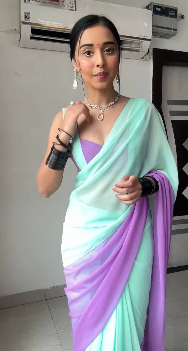 Sky Blue and Purple Colour 1-Min Georgette Ready To Wear Saree With Blouse Piece