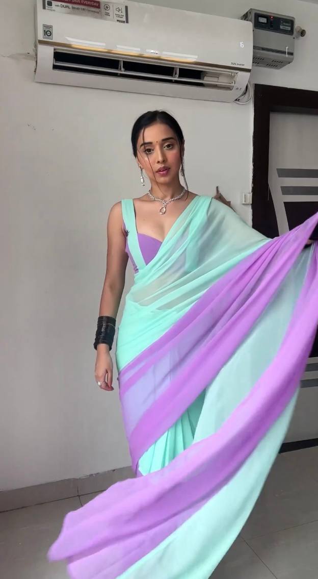 Sky Blue and Purple Colour 1-Min Georgette Ready To Wear Saree With Blouse Piece