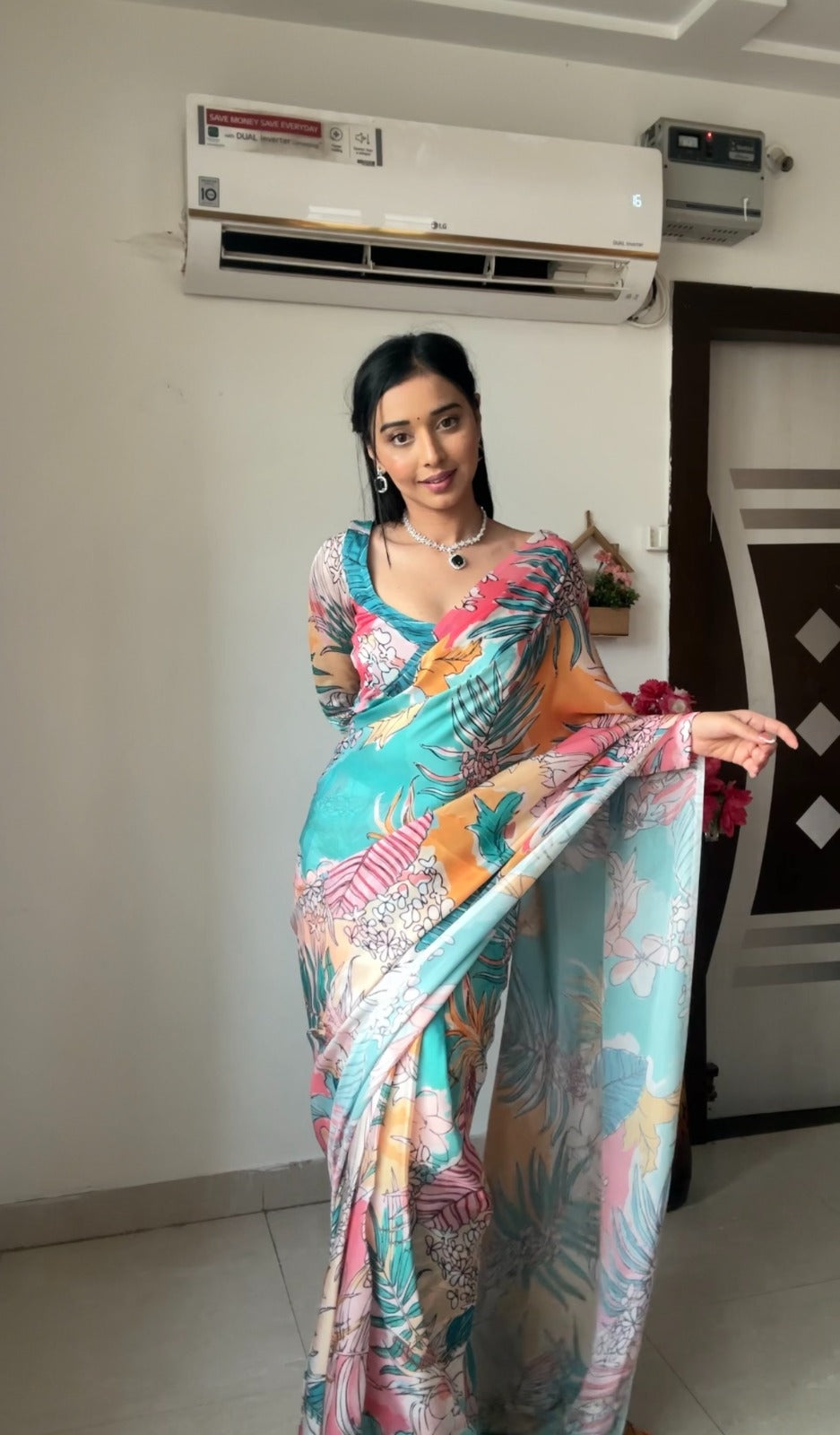 Sky Colour 1-Min Georgette Ready To Wear Saree With Blouse Piece