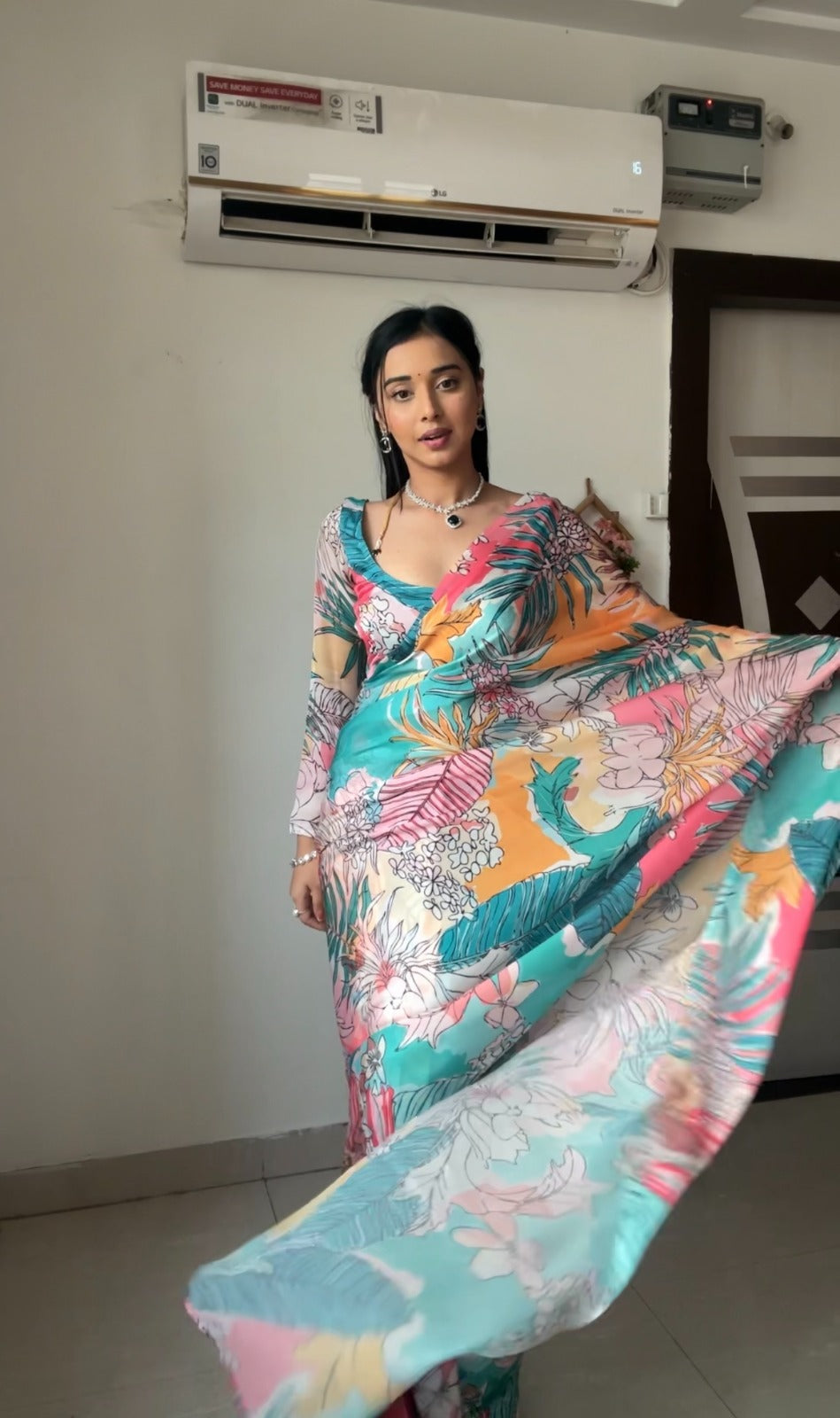 Sky Colour 1-Min Georgette Ready To Wear Saree With Blouse Piece