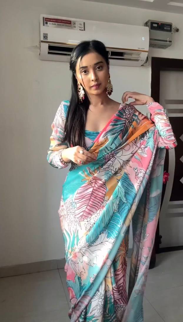 Sky Colour 1-Min Georgette Ready To Wear Saree With Blouse Piece