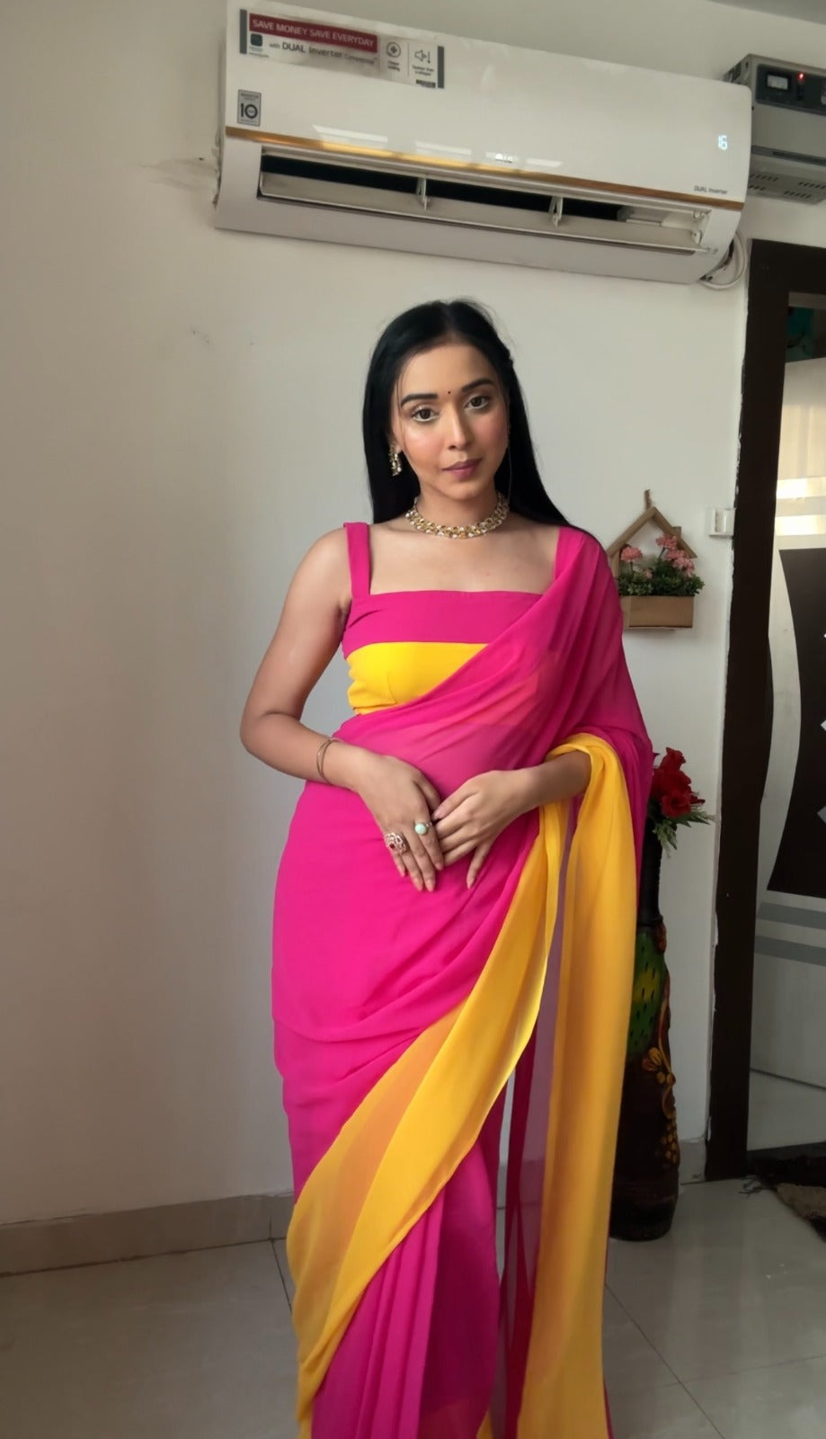 Pink and Yellow Colour 1-Min Georgette Ready To Wear Saree With Blouse Piece