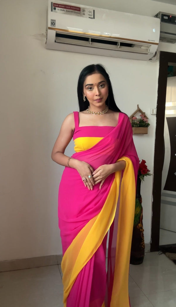 Pink and Yellow Colour 1-Min Georgette Ready To Wear Saree With Blouse Piece