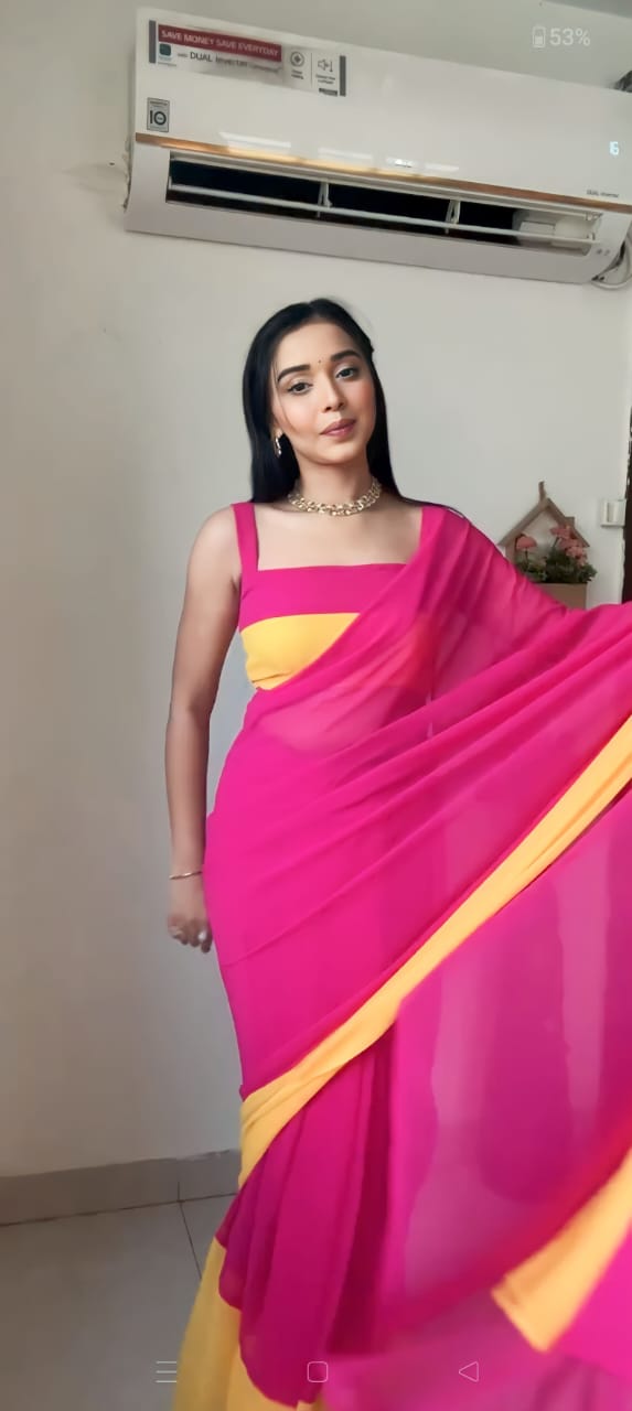 Pink and Yellow Colour 1-Min Georgette Ready To Wear Saree With Blouse Piece