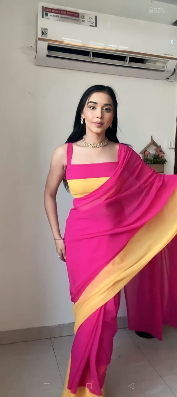 Pink and Yellow Colour 1-Min Georgette Ready To Wear Saree With Blouse Piece