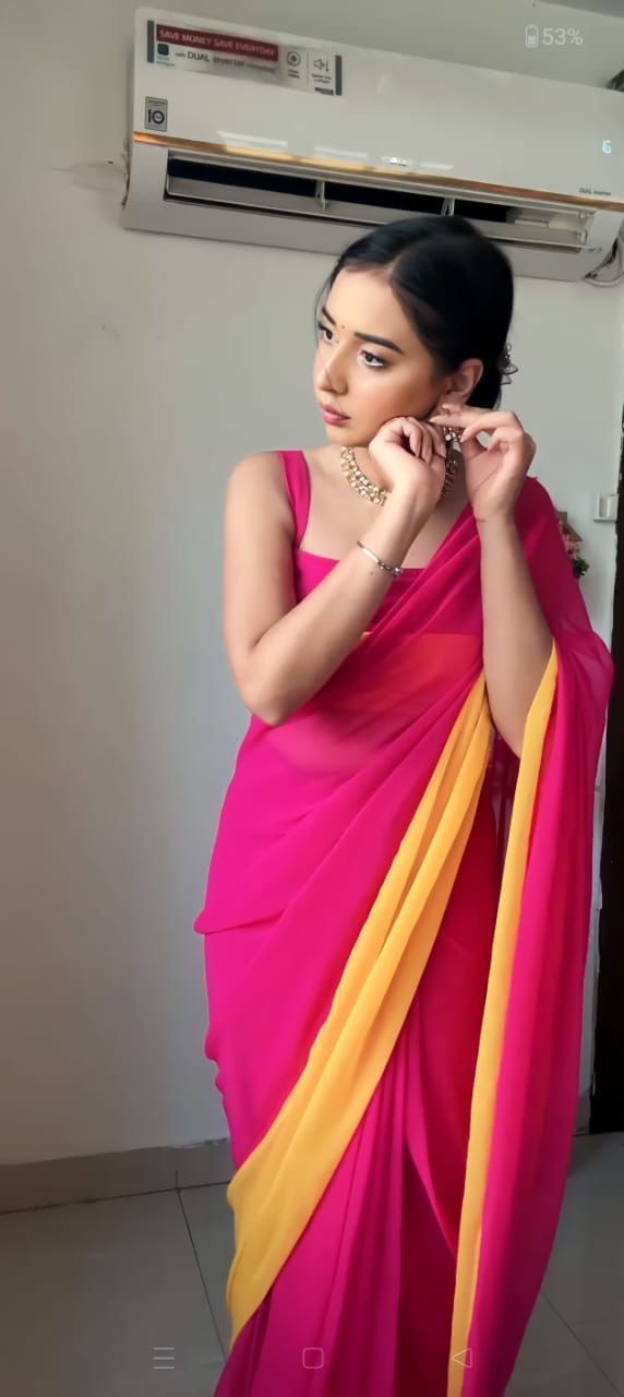 Pink and Yellow Colour 1-Min Georgette Ready To Wear Saree With Blouse Piece