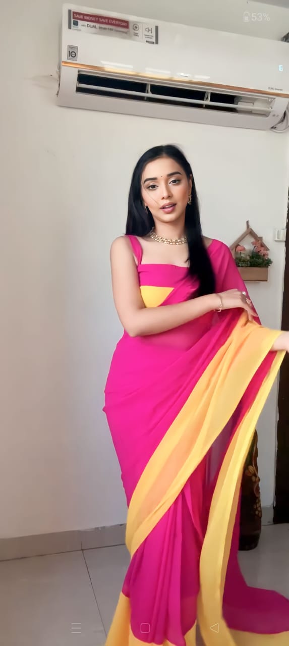 Pink and Yellow Colour 1-Min Georgette Ready To Wear Saree With Blouse Piece