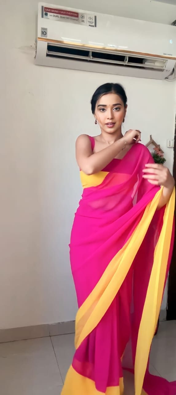 Pink and Yellow Colour 1-Min Georgette Ready To Wear Saree With Blouse Piece