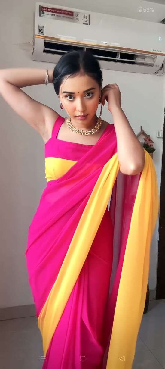 Pink and Yellow Colour 1-Min Georgette Ready To Wear Saree With Blouse Piece