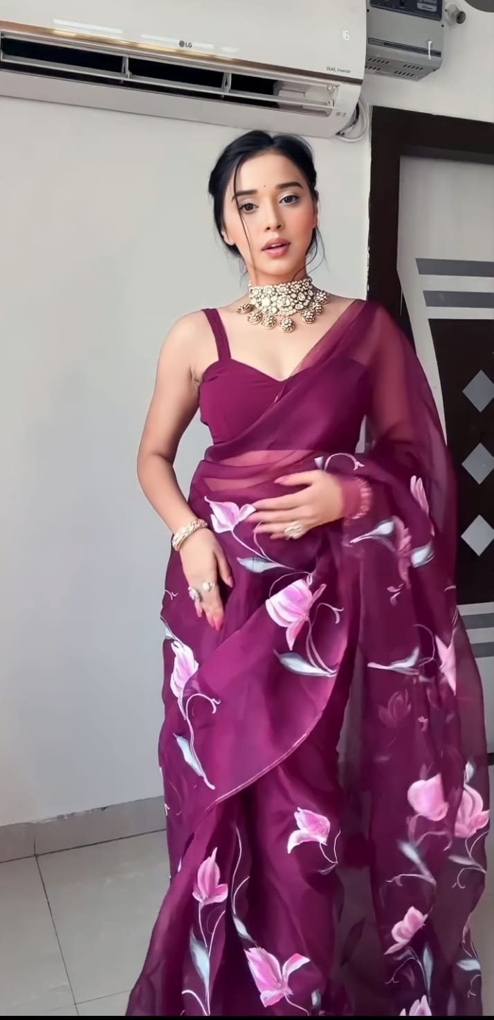 Wine Colour 1-Min Organza Silk Ready To Wear Saree With Blouse Piece