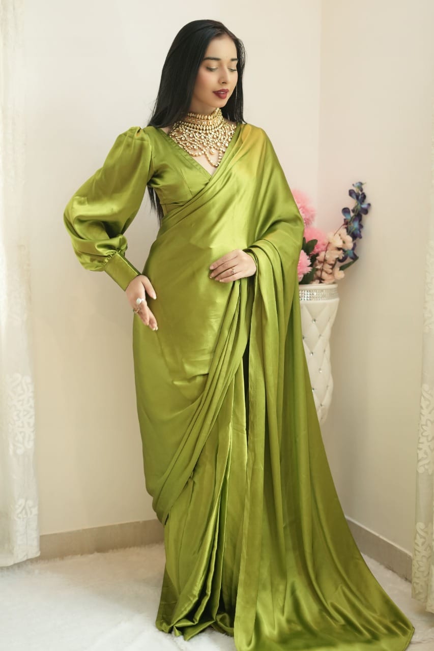 1-Min Satin Ready To Wear Saree With Blouse Piece