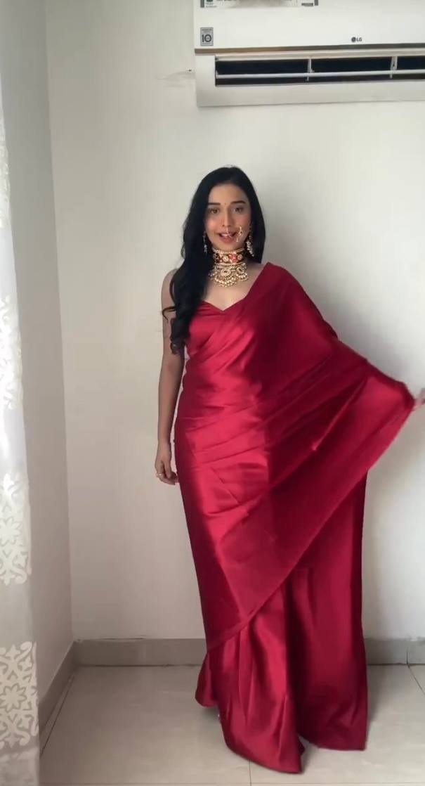 1-Min Satin Ready To Wear Saree With Blouse Piece