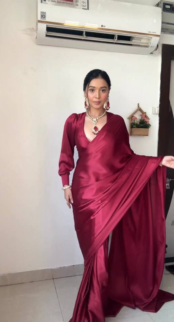 1-Min Satin Ready To Wear Saree With Blouse Piece