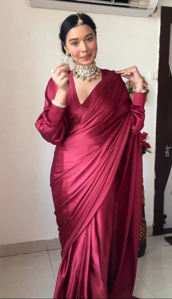 1-Min Satin Ready To Wear Saree With Blouse Piece