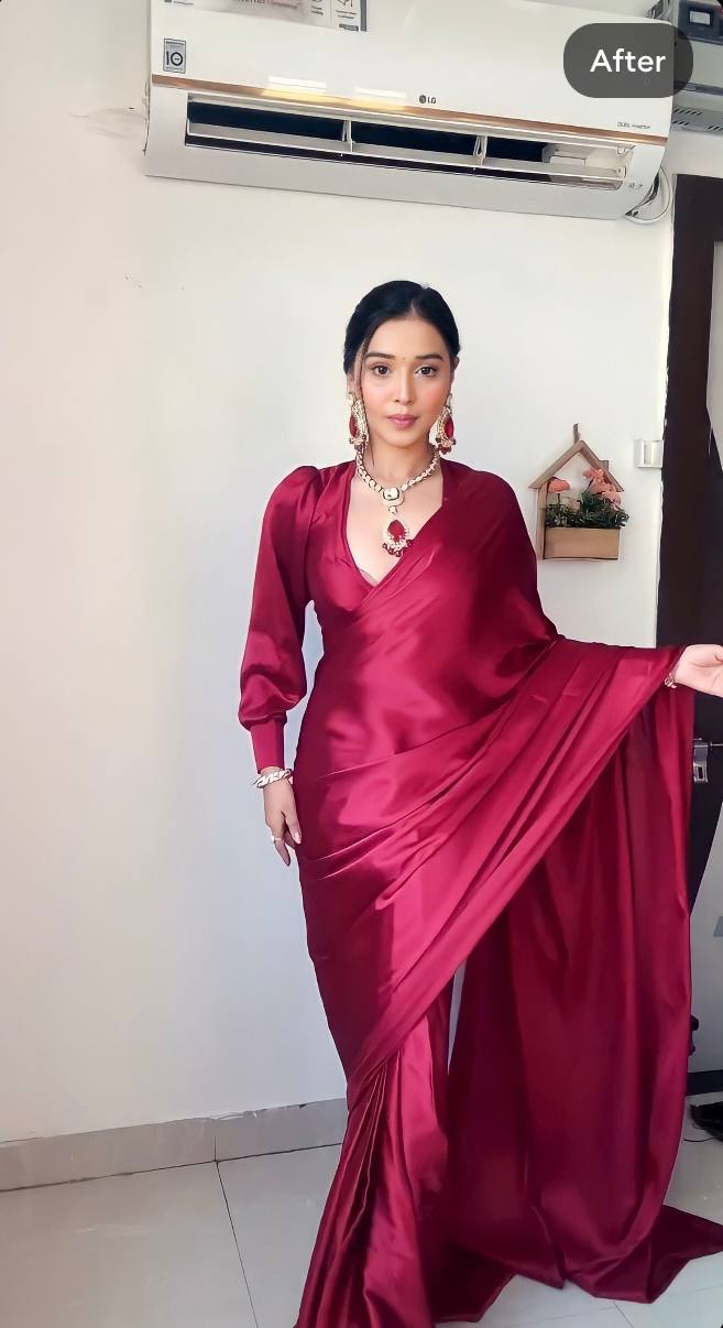 1-Min Satin Ready To Wear Saree With Blouse Piece