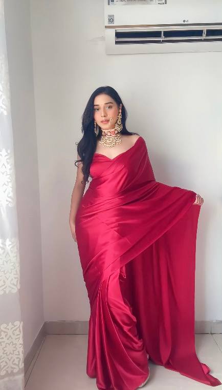 1-Min Satin Ready To Wear Saree With Blouse Piece