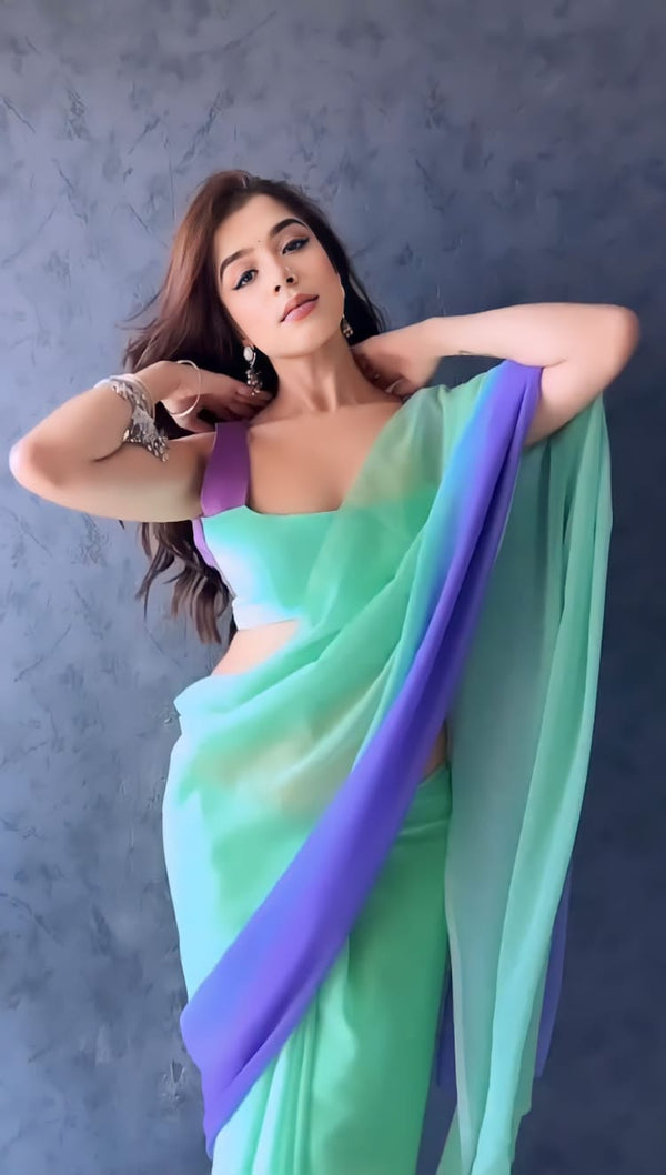 Green and Blue Colour 1-Min Georgette Ready To Wear Saree With Blouse Piece