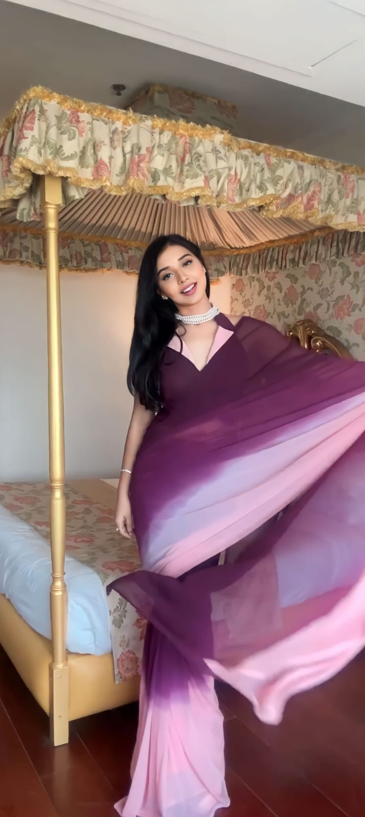 Purple Colour 1-Min Georgette Ready To Wear Saree With Blouse Piece