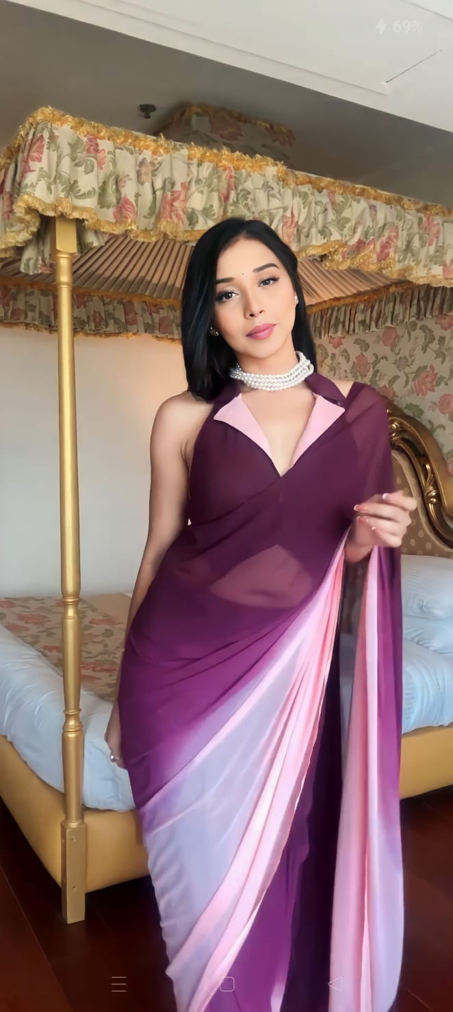 Purple Colour 1-Min Georgette Ready To Wear Saree With Blouse Piece