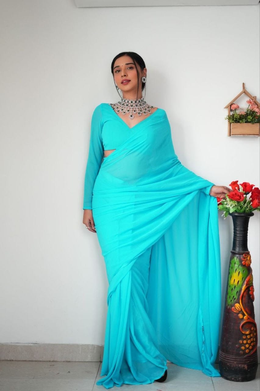 1-Min Georgette Ready To Wear Saree With Blouse Piece