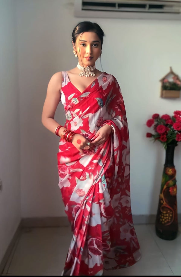 Red Colour 1-Min Georgette Ready To Wear Saree With Blouse Piece