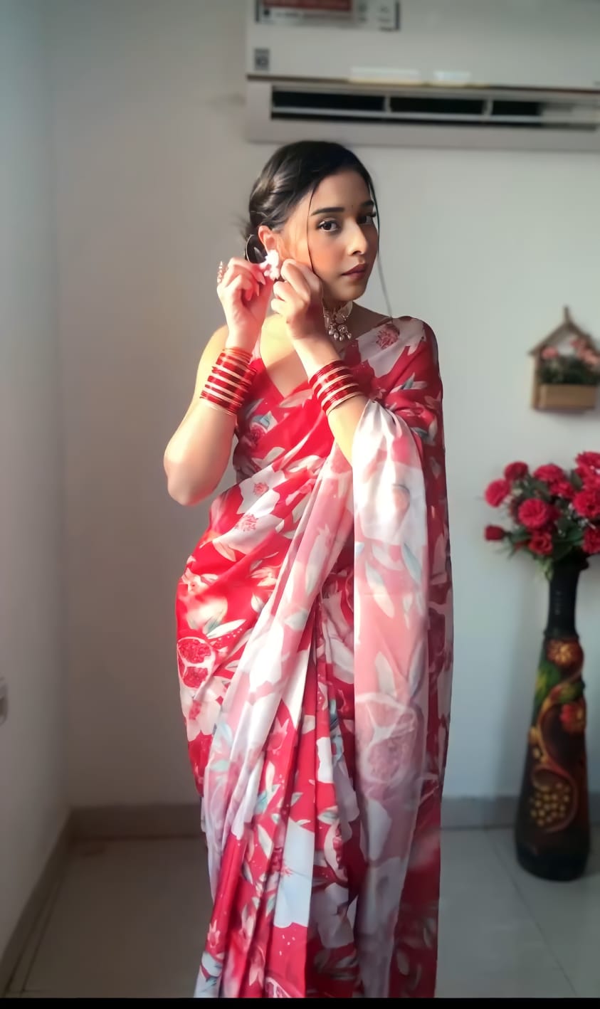 Red Colour 1-Min Georgette Ready To Wear Saree With Blouse Piece