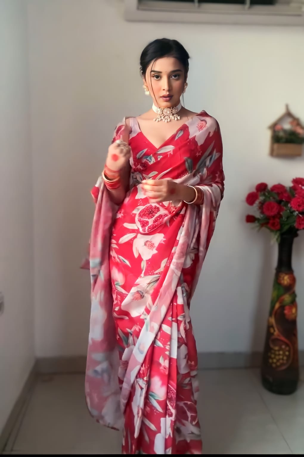 Red Colour 1-Min Georgette Ready To Wear Saree With Blouse Piece