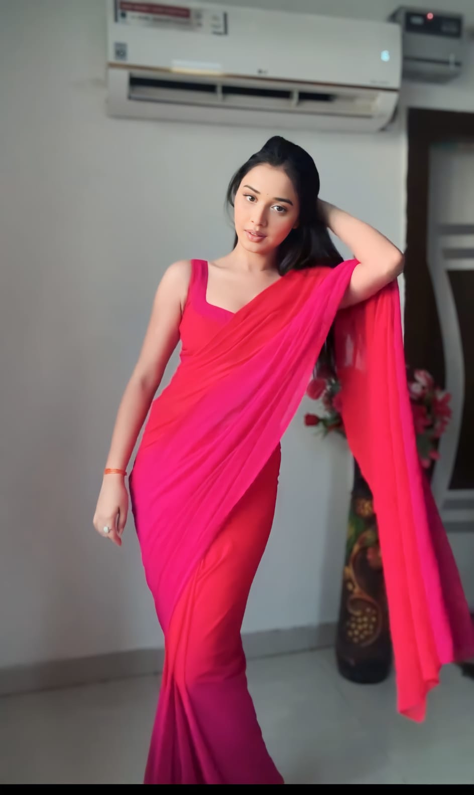 Rani Pink Color 1-Min Georgette Ready To Wear Saree With Blouse Piece