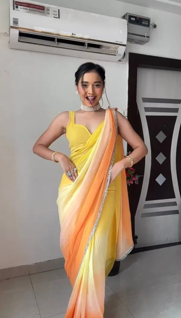 Yellow and Orange Colour 1-Min Georgette Ready To Wear Saree With Blouse Piece