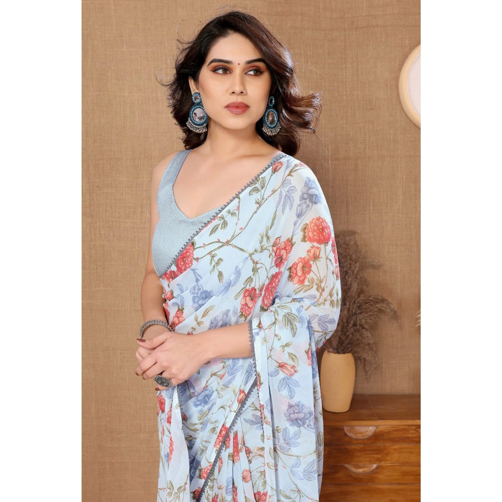 Mellifluous 1-Minute Ready To Wear Sky Georgette Saree