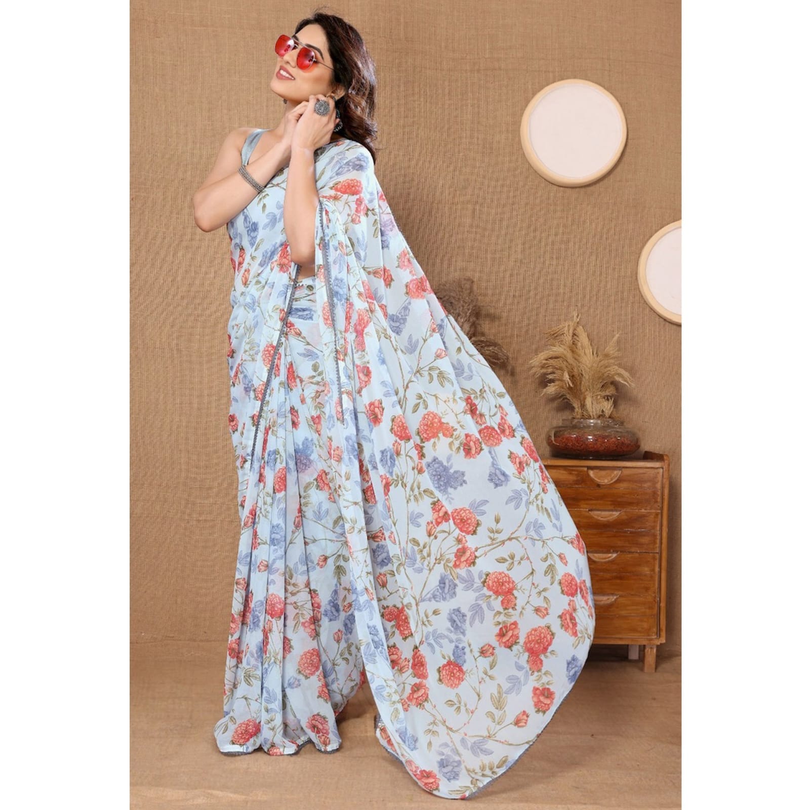 Mellifluous 1-Minute Ready To Wear Sky Georgette Saree