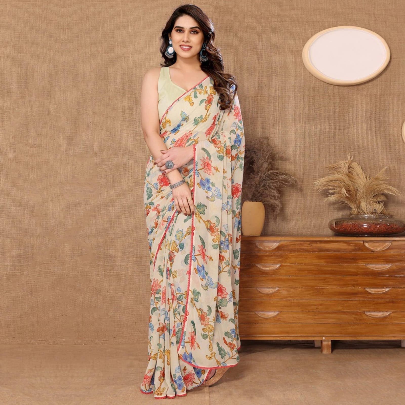 Ethereal 1-Minute Ready To Wear Beige Georgette Saree