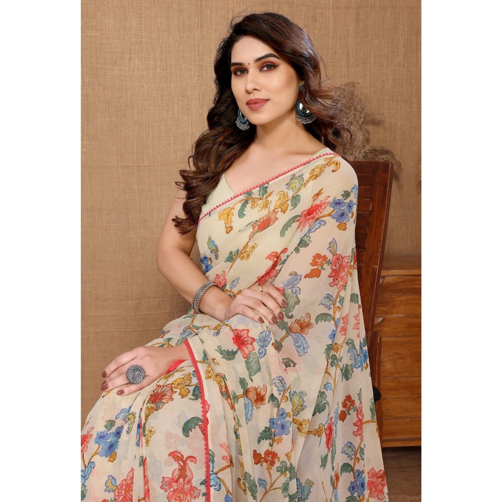 Ethereal 1-Minute Ready To Wear Beige Georgette Saree