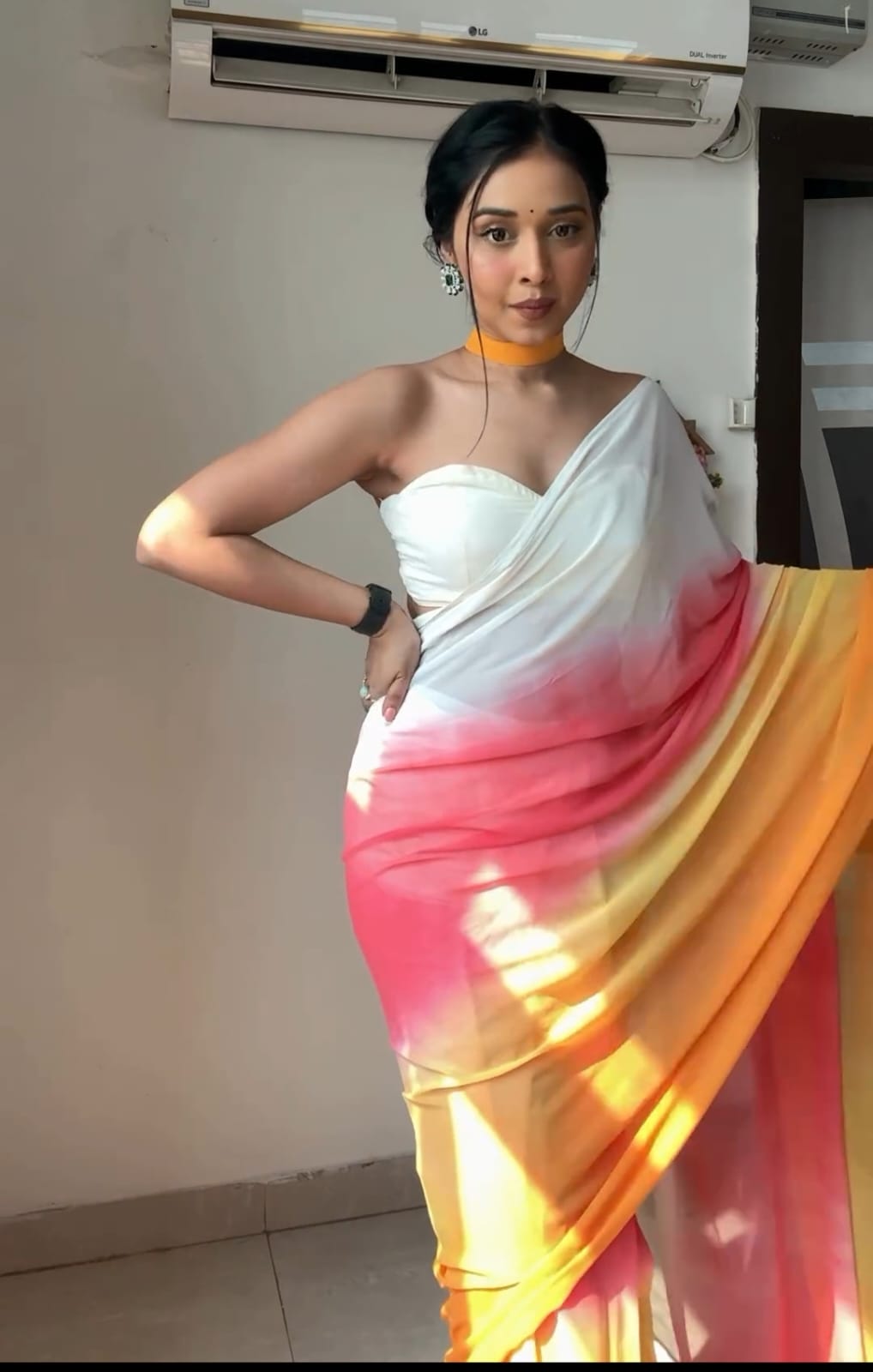 Luminous 1-Minute Ready To Wear Yellow and Pink Georgette Saree