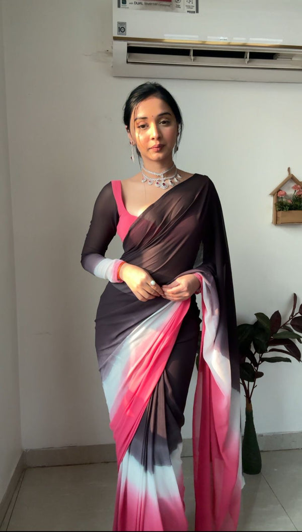 Resplendent 1-Minute Ready To Wear Black and Pink Georgette Saree