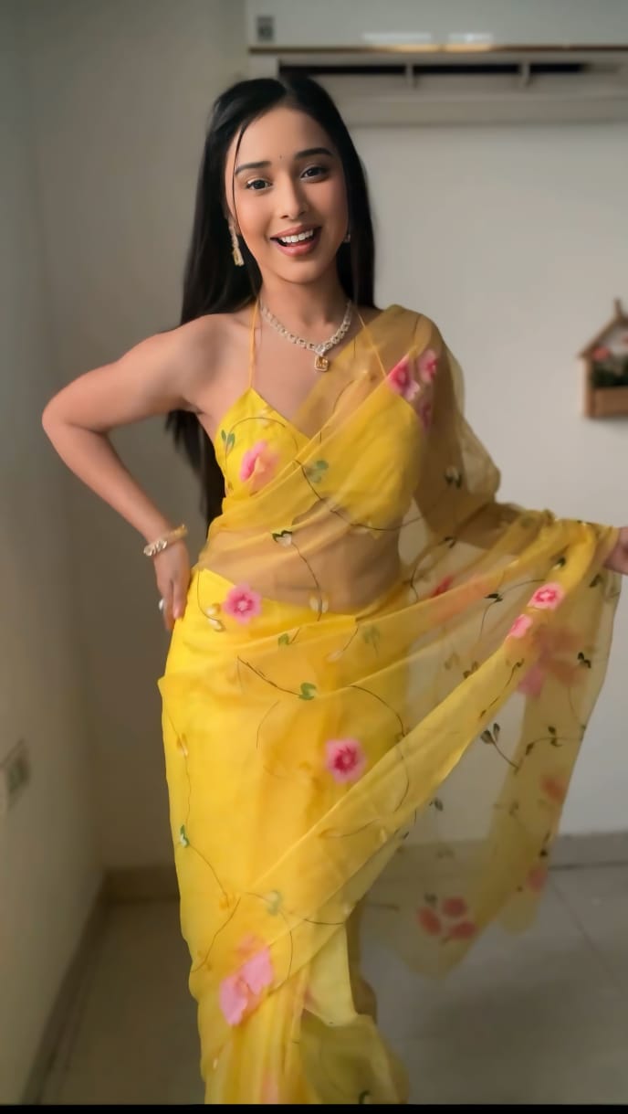 Glamorous 1-Minute Ready To Wear Yellow Organza Silk Saree