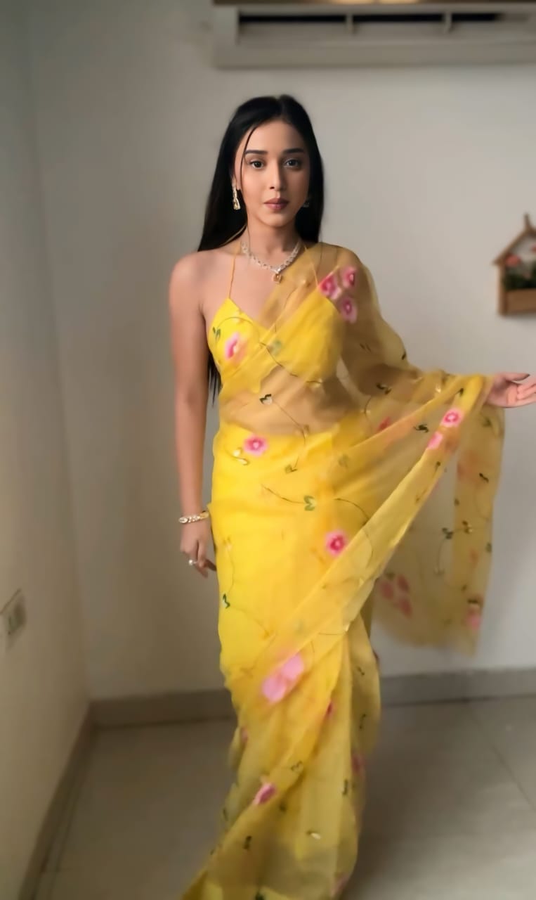 Glamorous 1-Minute Ready To Wear Yellow Organza Silk Saree