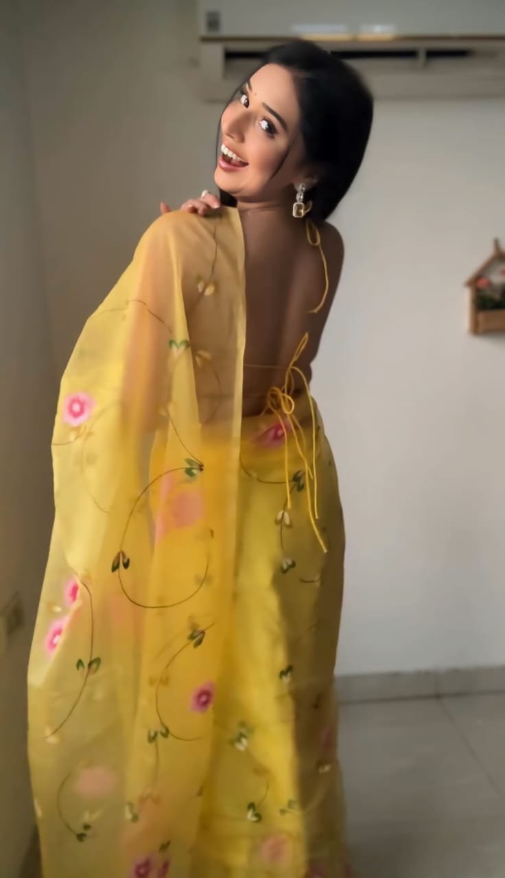 Glamorous 1-Minute Ready To Wear Yellow Organza Silk Saree