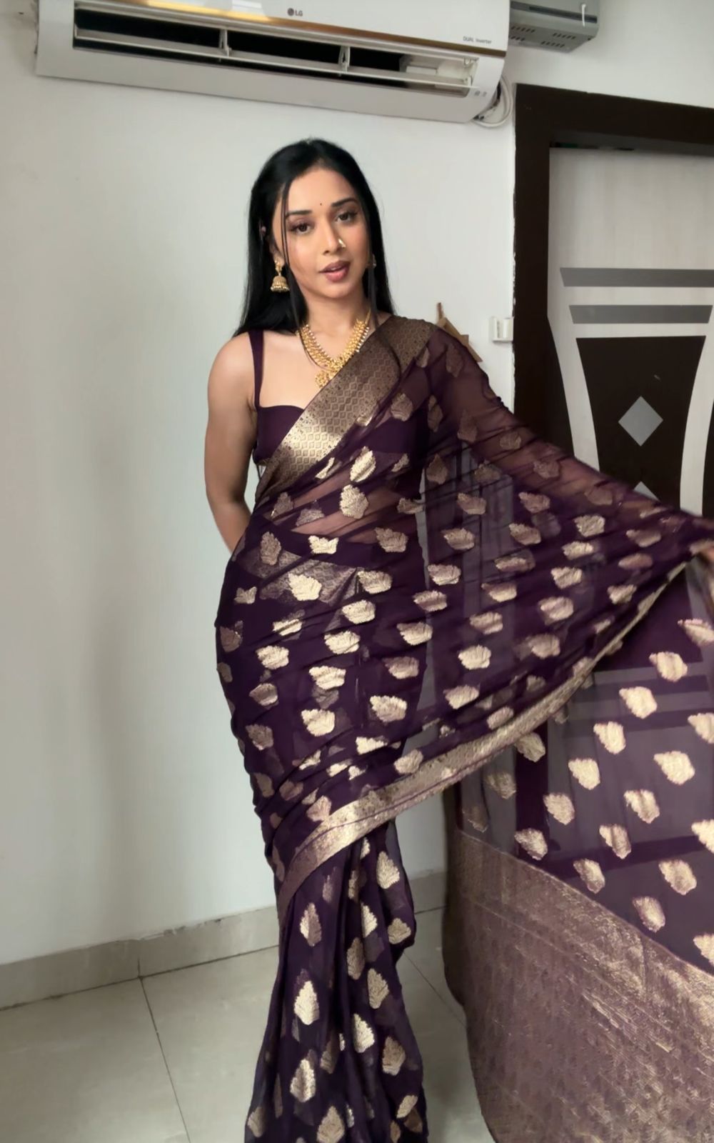 Surpassing 1-Minute Ready To Wear Dark Purple Cotton Silk Saree