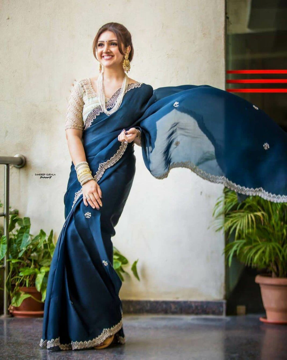 Terrific Navy Blue Color Embroidery Design Work Saree – Navavritti