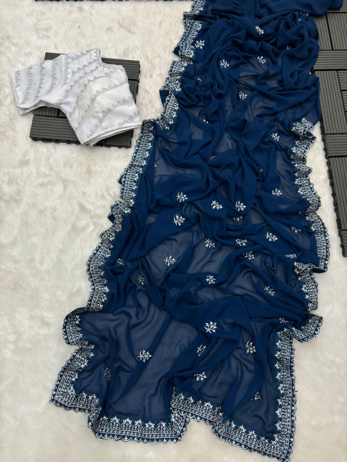 Terrific Navy Blue Color Embroidery Design Work Saree – Navavritti
