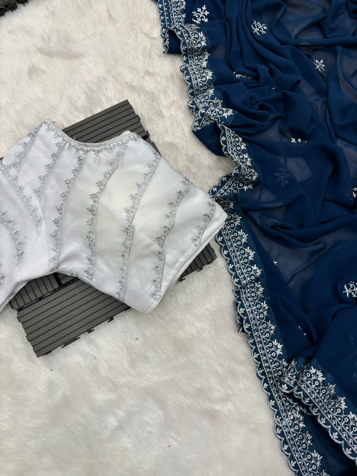 Terrific Navy Blue Color Embroidery Design Work Saree – Navavritti