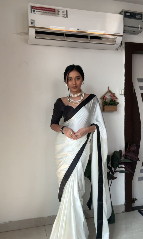 Adorable 1-Minute Ready To Wear White Satin Silk Saree