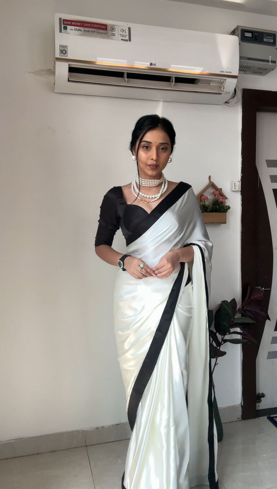 Adorable 1-Minute Ready To Wear White Satin Silk Saree