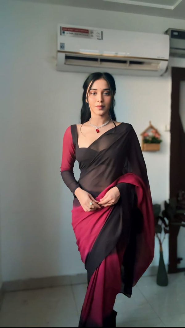 Preferable 1-Minute Ready To Wear Black and Maroon Georgette Saree